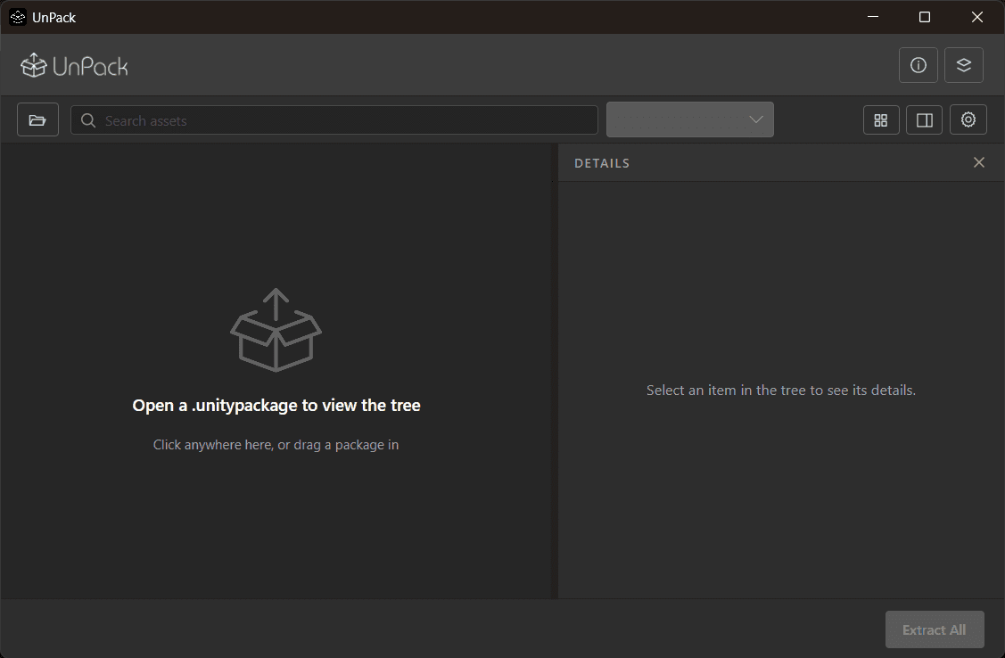 UnPack waiting for a package, with the search bar, view controls and details panel ready
